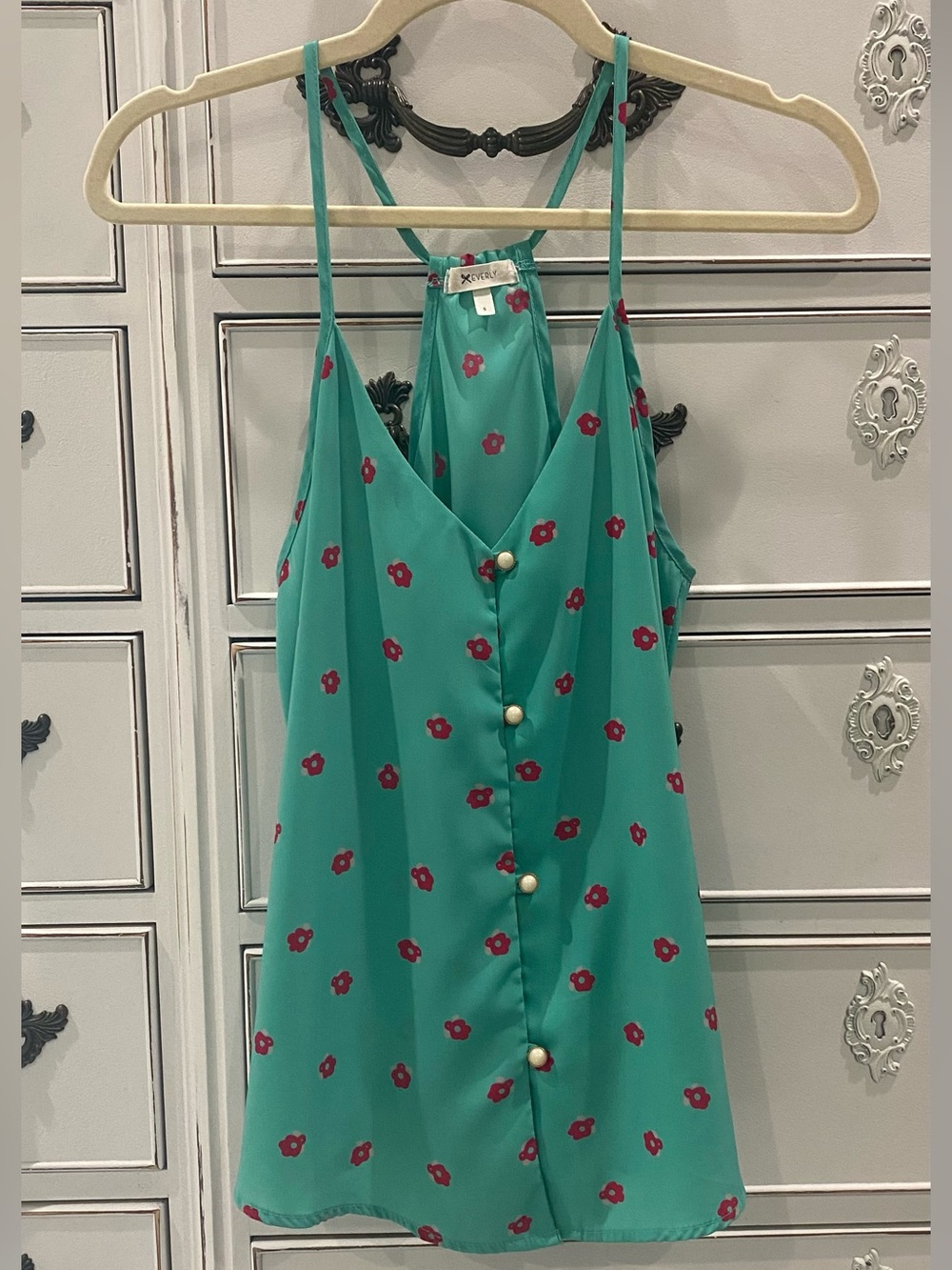 Everly Teal Floral Tank with Pink Accents Size Small